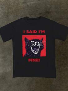 I Said I'm Fine Angry Cat Graphic Print T-Shirt Women's Fashion Round Neck Loose Short Sleeve Daily Outing Top Gift For Her - Black - View 1