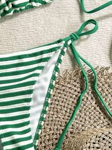 Swim Mod Women's Summer Beach Striped Halter Tie Sexy Bikini Swimsuit Set - Green - View 4