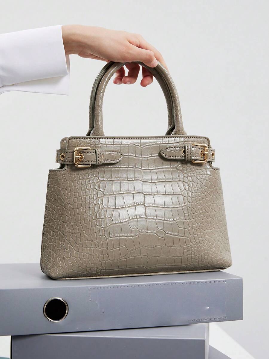 SHECARRY 女士顶部提手包鳄鱼纹秋冬上学旅行通勤工作优雅精致手提或斜挎，动物印花女包 - 灰色 - 查看 1