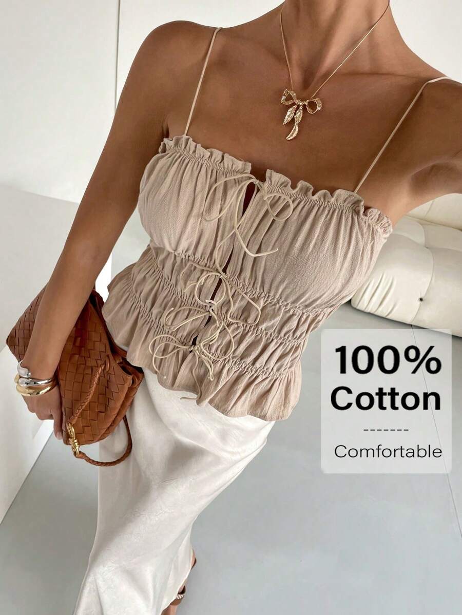 Siren Gaze Women Solid Color Spaghetti Strap Front Tie Casual Tank Top Summer - Apricot - View 1