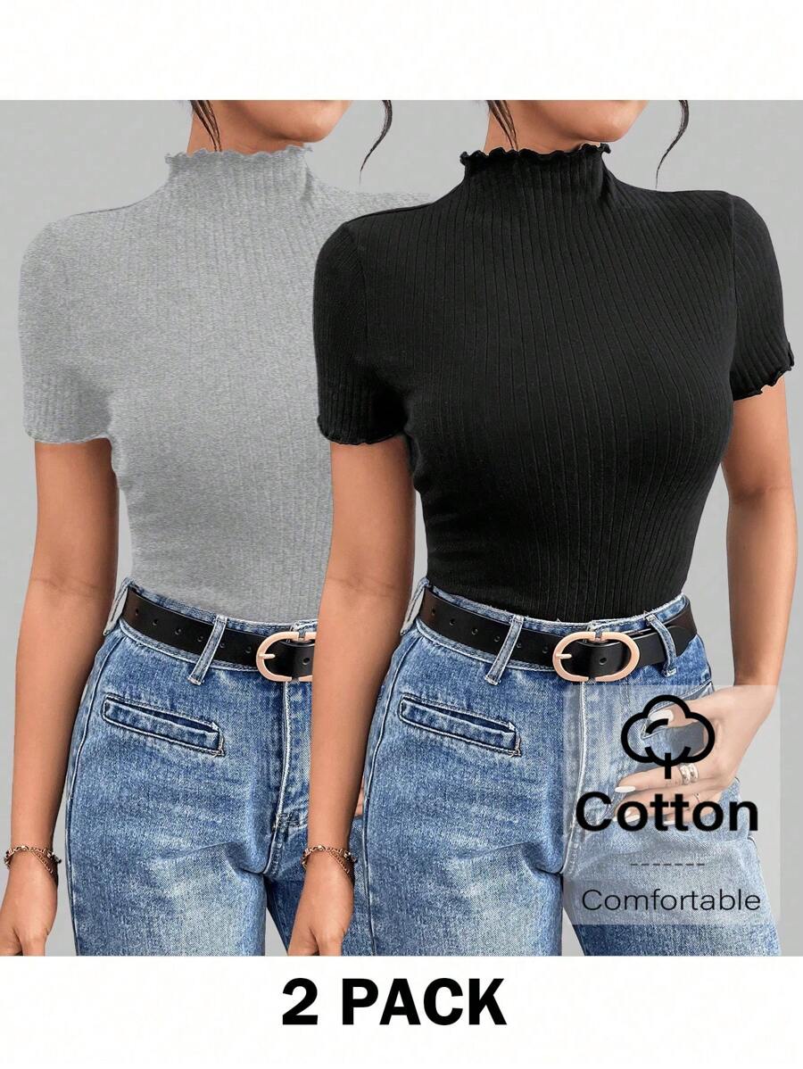 SHEIN Essnce Women's Summer Casual Basic All-Match Half High Collar Wave Edge Ribbed 2 Packs T-Shirt - Light Grey - View 1