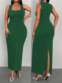 Maweii Plus Size Casual V-Neck Cinched Waist Fitted Tank Dress - Army Green - View 1