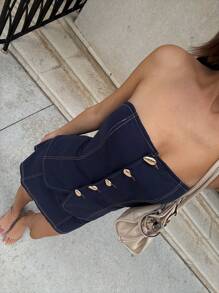 Siren Gaze 女士夏季两件套 | 办公室休闲贝壳设计与节日服装 | 波西米亚风吊带背心和迷你裙套装 | 海滩到早午餐服装 | 金属贝壳纽扣工作服必备单品 | 2025 夏季系列 - 藏蓝色 - 查看 5