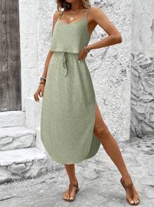 SHEIN LUNE Women's Casual Ribbed Sleeveless Slit Long Maxi Dress With Drawstring, Basic Daily Wear, Spring/Summer - Green - View 4