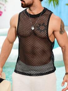 VENTUSAIL Men's Summer Solid Color Mesh Round Neck Sexy Tank Top, Men Tank Top, Holiday - Black - View 8