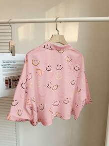SHEIN EZwear 大码彩色笑脸印花前扣衬衫，粉色 - 粉色 - 查看 2