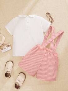 SHEIN French Retro Gentleman Boys 2pcs Set: Collared Short Sleeve Shirt + Striped Suspender Pants, Fashion Gentleman Elegant Suit For Summer Party & Occasions