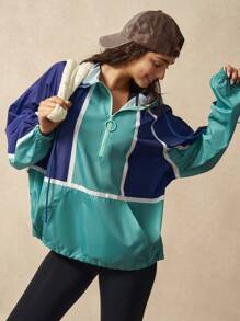 VARSIVA Contrast Color Drawstring Zipper Front Hooded Loose Casual Women Outdoor Jackets