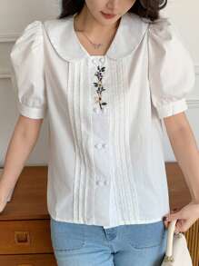 DAZY Women's Spring New Valentines Day Embroidered Floral Elegant Blouse - White - View 5