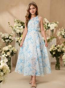 SHEIN Tween Girl Rochie elegantă fără mâneci cu talie înaltă, țesătură din șifon cu imprimeu trandafir albastru, potrivită pentru fetița de nuntă, vară