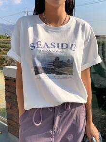 DAZY Camiseta oversize con gráfico de paisaje y eslogan, cuello caído
