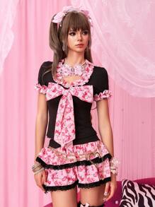 ROMWE J-Fashion Y2K Harajuku Himekaji 系带露背超大蝴蝶结短款上衣和裙子两件套 - 粉色 - 查看 1