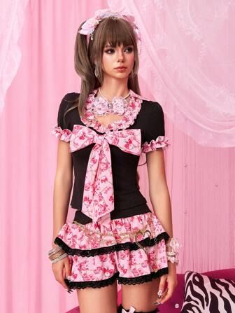 J-Fashion Ensemble 2 pièces top court noué dans le dos surdimensionné avec nœud et jupe, style Harajuku Himekaji Y2K