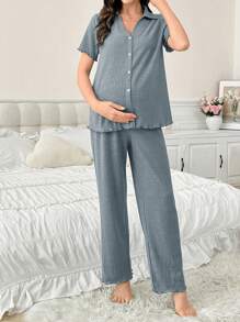 Moonlight&Mama Bộ đồ mặc nhà cho bà bầu tay ngắn và quần dài cổ chữ V có gân màu trơn - Màu xanh lam - Xem 5