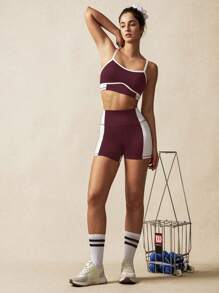 VARSIVA 黑白撞色拼接条纹镂空高腰女运动套装 - 酒紅色 - 查看 6