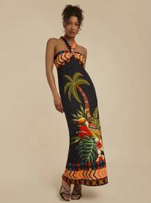 Travachic 女士度假棕榈树印花吊带连衣裙 - 黑色 - 查看 5