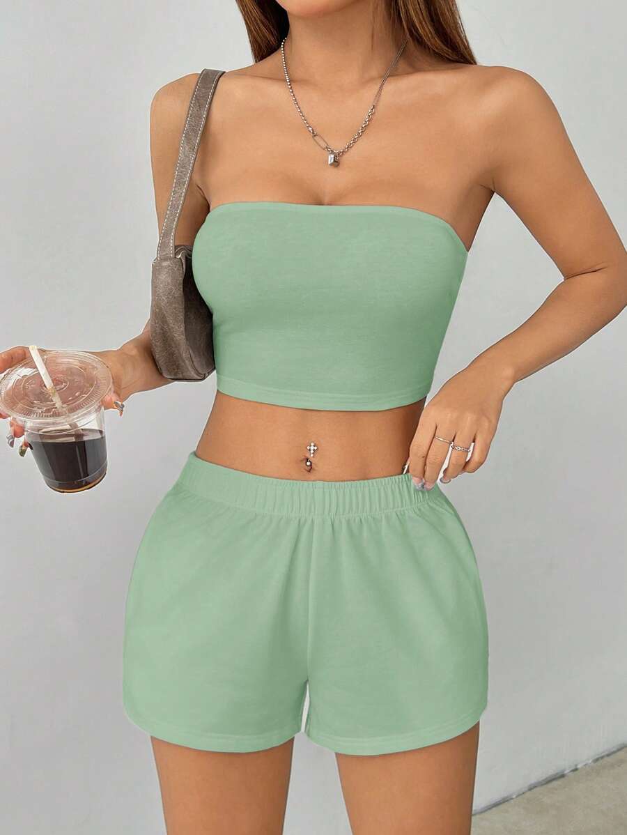 SHEIN PETITE Setelan Dua Potong Kasual Warna Polos untuk Wanita - Mint Green - View 1