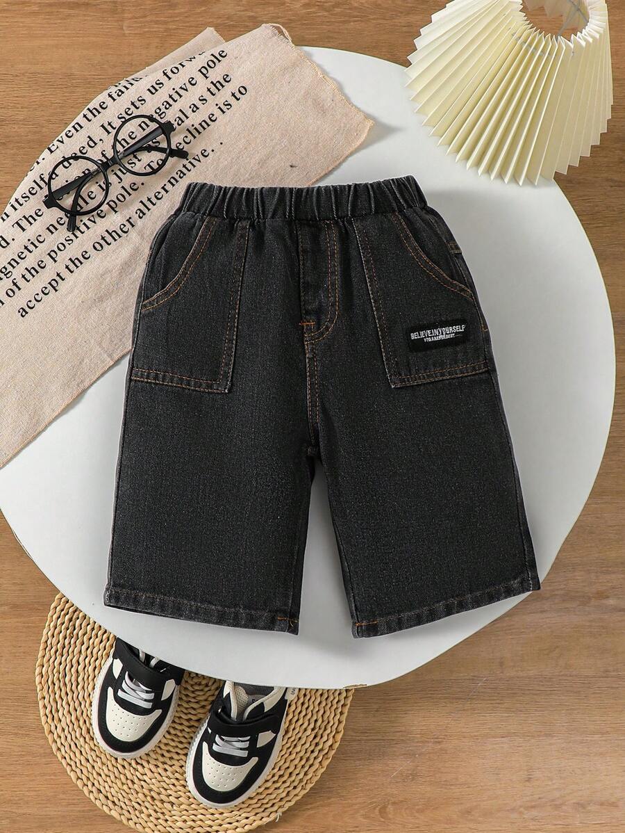 男童休闲百搭蓝色水洗牛仔短裤，1 件 - 黑色 - 查看 1