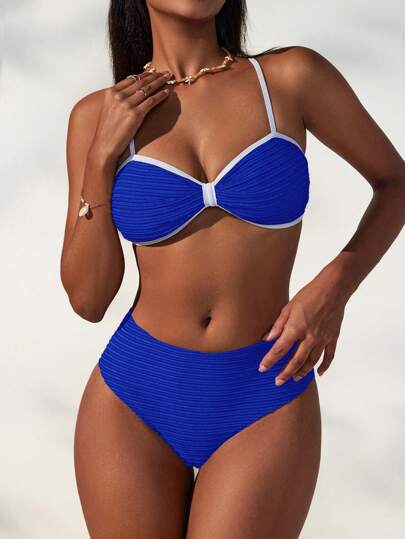 Slaydiva Women Navy Style Color Block Textured Bikini Set For Summer Beach Vacation