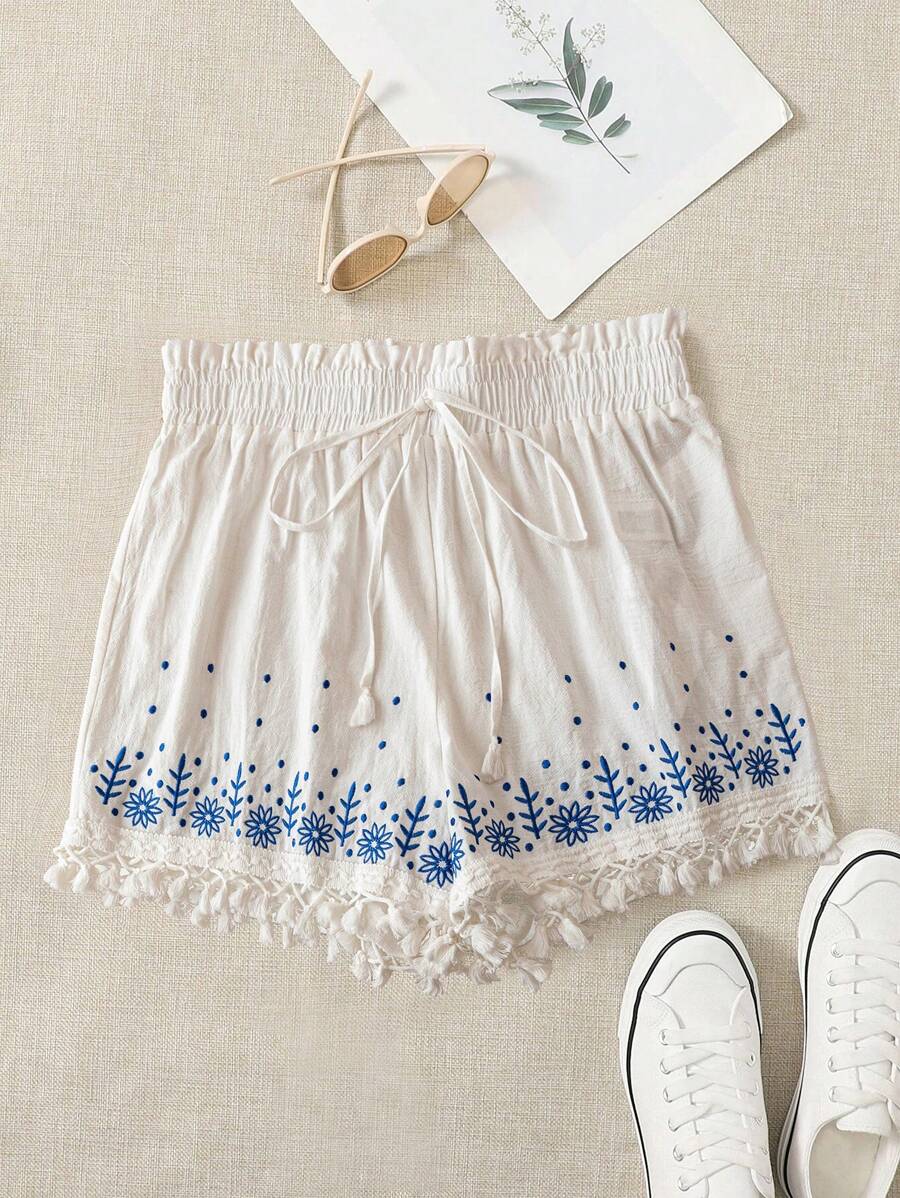 SHEIN LUNE Shorts casuais plus size femininos com acabamento em renda branca bordada, praia, estilo boho - Branco - Ver 1