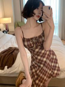 DAZY 女式休闲格纹印花细肩带中长连衣裙，夏季 - 棕色 - 查看 1