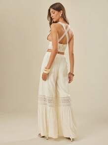 L'Amorae Set di abbigliamento coordinato composto da top a canotta con dettagli in pizzo e pantaloni con dettagli in pizzo, adatto per look da Ibiza