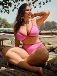 Swim Mod Conjunto de bikini casual de 2 piezas para mujer talla grande de verano y vacaciones, con copa triangular, correas de espagueti y bloques de color