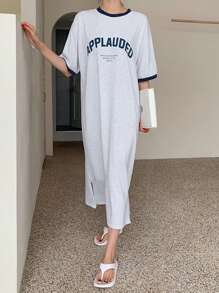 DAZY Women'S Round Neck Slogan Print Dress Sundress - Grey - View 7