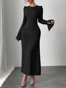 Firerie Vestido largo elegante con fruncidos para mujer