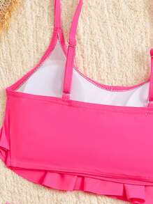 Tween Girl Vacation Beach Solid Color Spaghetti Strap Coconut Tree Print Bikini Swimsuit Set - Hot Pink - View 4