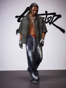 AXEPEAK Men's Leopard Print Zip Placket Short Sleeve Casual Shirt, Streetwear Edition - Grey - View 3