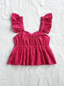 Soleia Vacation Casual Solid Color Hollow Embroidered Ruffle Hem Camisole Hot Pink - Hot Pink - View 2