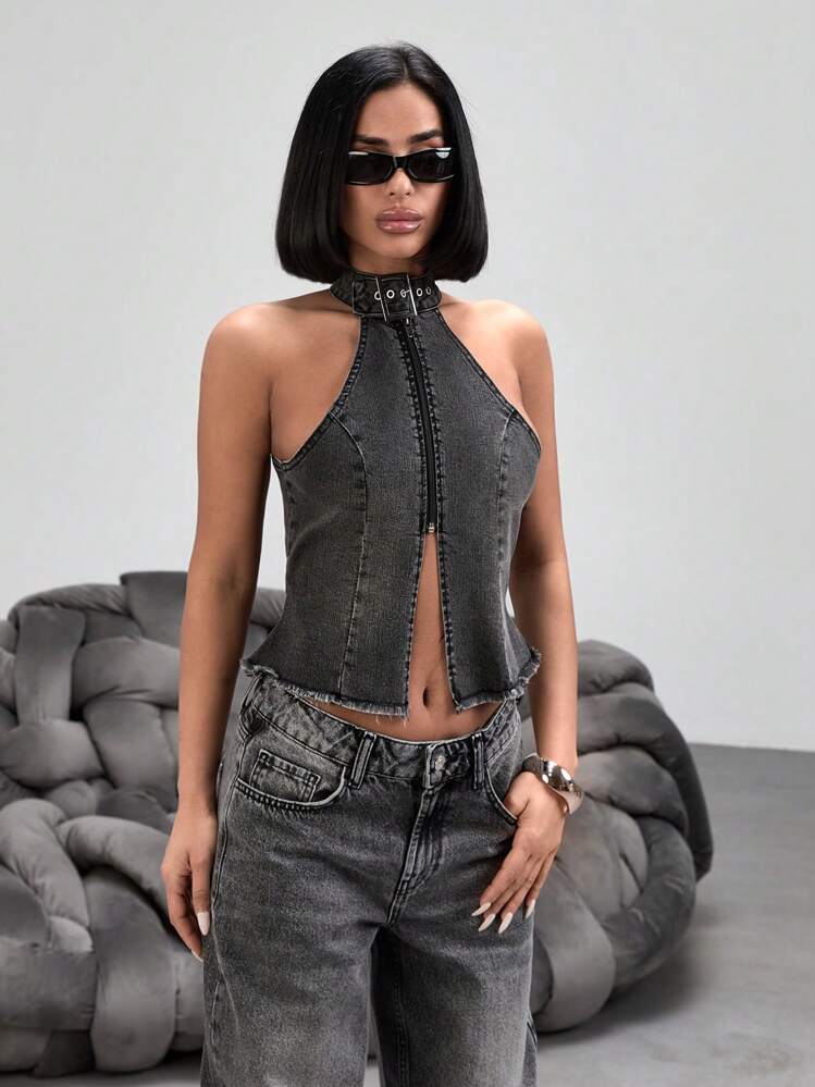 RueChic 夏季时尚破洞牛仔背心，拉链侧开衩 - 灰色 - 查看 4