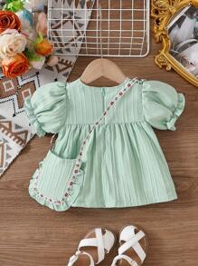 2pcs Set Baby Girls Sage Green Princess Ruffle Trim Short Sleeve Top With Flower Ribbon Bow,Cute Summer Family Matching Outfit For Spring & Autumn - Mint Green - View 2