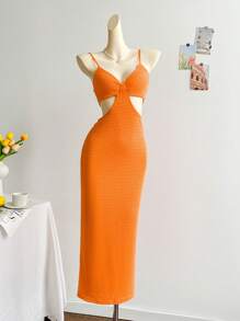 Soleia Women Summer Solid Color Hollow Out Waist Long Cami Dress - Orange - View 3