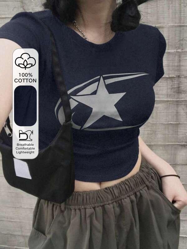 DAZY Star Print Short Sleeve T-Shirt Y2k Summer,Graphic Tees