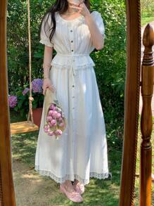 DAZY 2pcs/Set Women Lace Splicing Balloon Sleeve Two-Piece Outfits Summer - White - View 8