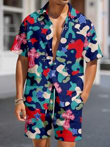 Manfinity Homme Bộ 2 món/Bộ Áo sơ mi tay ngắn in họa tiết rằn ri và quần short dây rút - Nhiều màu - Xem 1