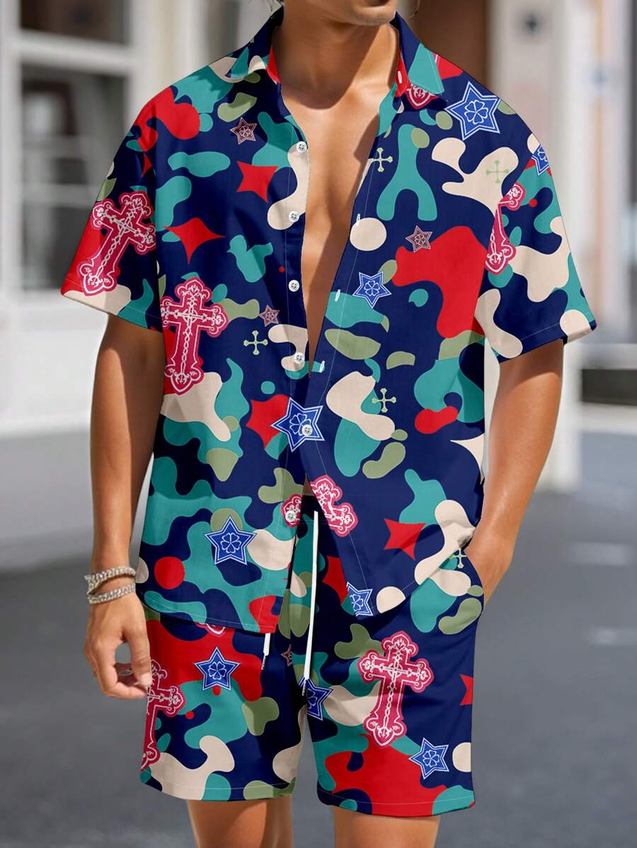 Manfinity Homme Bộ 2 món/Bộ Áo sơ mi tay ngắn in họa tiết rằn ri và quần short dây rút - Nhiều màu - Xem 1