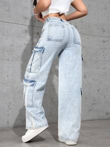 SHEIN EZwear Pantalones vaqueros rectos de color liso y bolsillos múltiples de uso casual