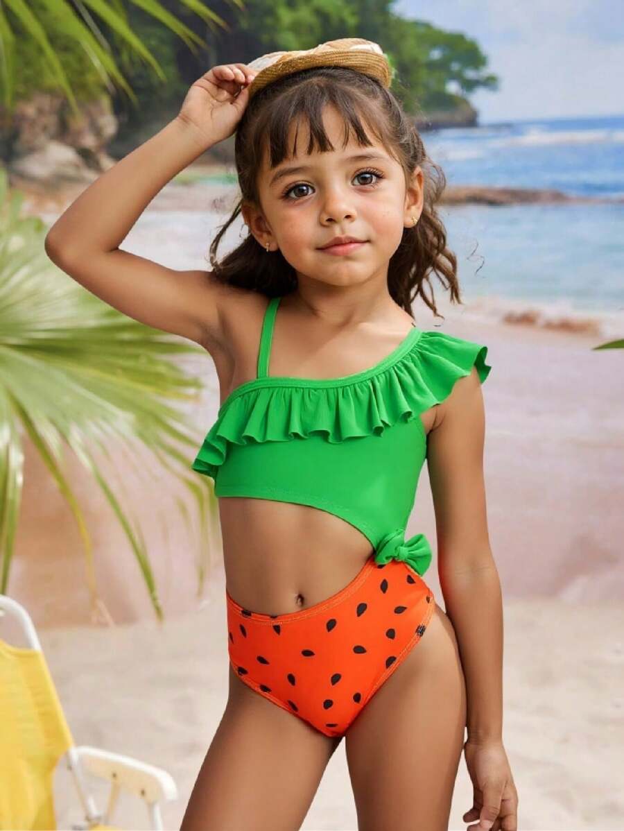SHEIN Young Girl's Summer Resort Beach Contrast Color Splice Ruffled Hollow One-Piece Swimsuit Bathing Suits For Girls Kids - Multicolor - View 1