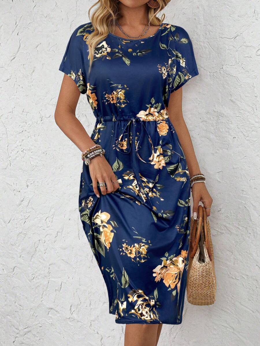 EMERY ROSE Women's Mid-Length Short Sleeve Dress, Fashionable For Summer,Summer Dresses For Women - Blue - View 1