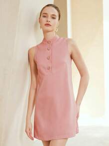 GENKIRA Women's Dusty Pink Summer Elegant Tea Party Short Dress,French Style Chic Faux Pearl Button Decor,Loose Straight Fit Sleeveless Old Money Style - Pink - View 3