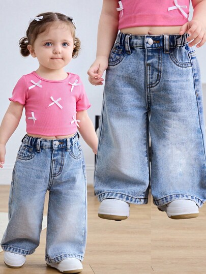 SHEIN Baby Girls' Blue Loose Straight Leg Jeans