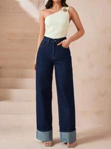 CLARA VERO Jeans casuales versátiles rectos, con bolsillos, de cintura alta y holgados para mujer