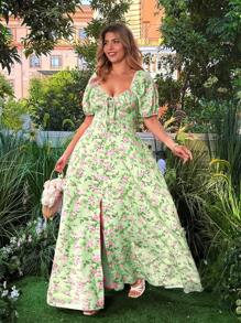 Flirla 大码女式花卉印花V领泡泡袖优雅度假连衣裙