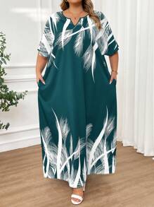 SHEIN CURVE+ Spring And Summer Autumn And Winter Elegant Navy Blue Woven Notched Kaftan Dress Plus Size Dresses - Green - View 1