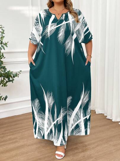 SHEIN CURVE+ Spring And Summer Autumn And Winter Elegant Navy Blue Woven Notched Kaftan Dress Plus Size Dresses