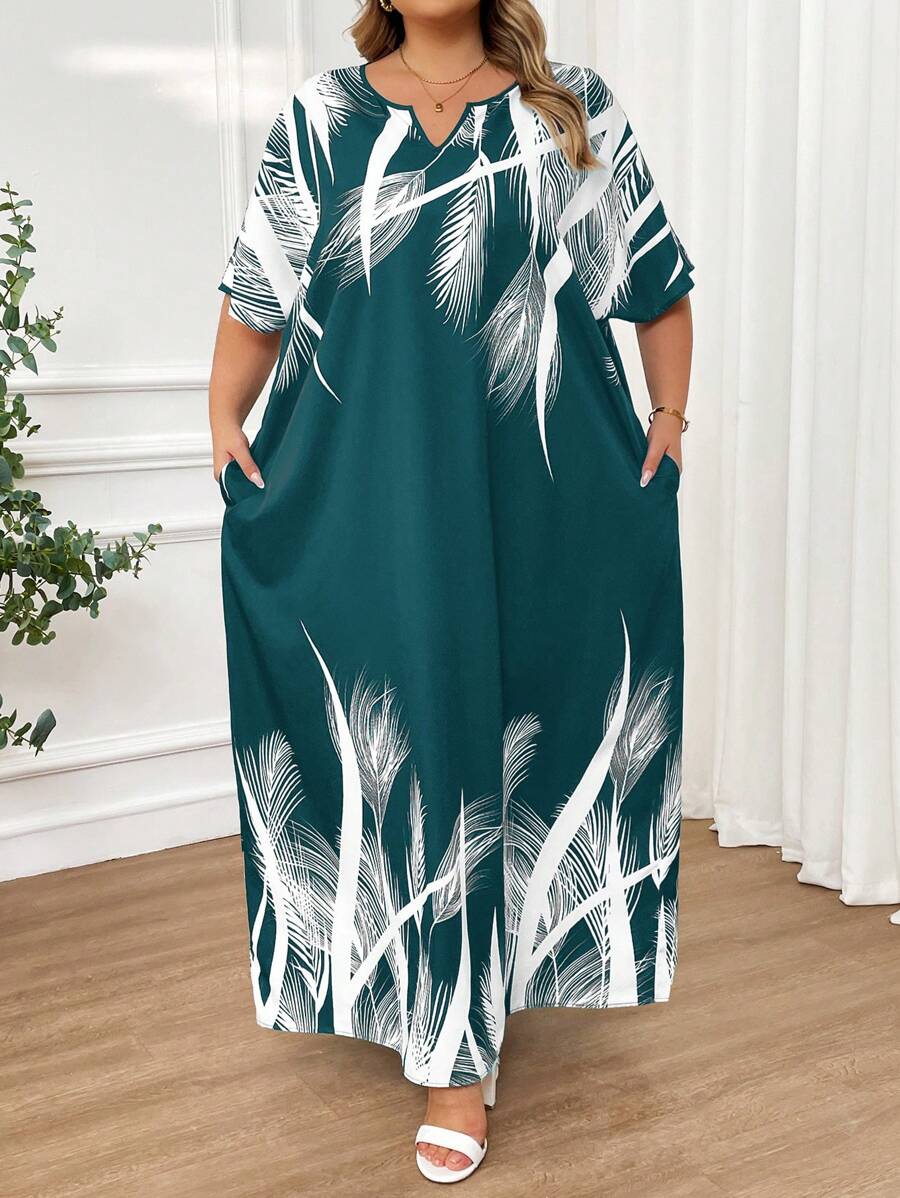 SHEIN CURVE+ Spring And Summer Autumn And Winter Elegant Navy Blue Woven Notched Kaftan Dress Plus Size Dresses - Green - View 1