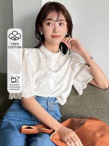 FRIFUL Áo sơ mi nữ mùa hè màu trơn cổ áo đứng rỗng thêu tay ngắn - trắng - Xem 8